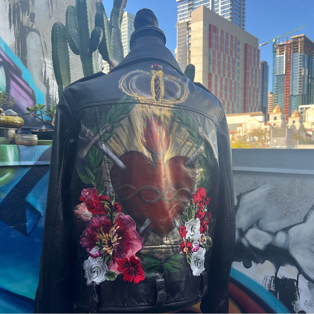 Iconic Sacred Heart Painted Leather Jacket L - Picture 15 of 16
